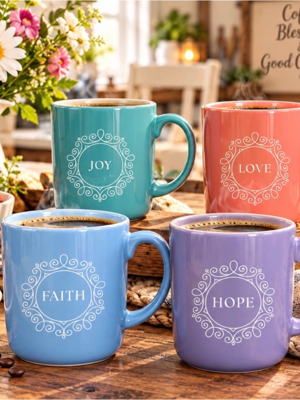 Ceramic 'Joy, Love, Faith, Hope' Inspirational Mug Set - Pastel Colors